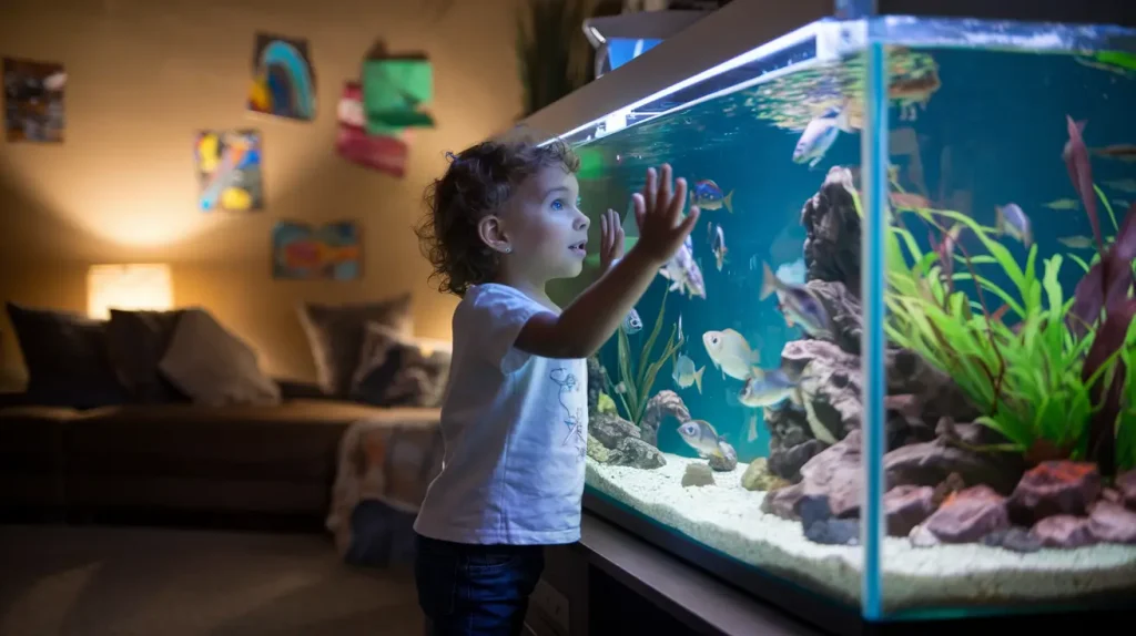 A curious child standing in front of a medium-sized home aquarium in a cozy living room