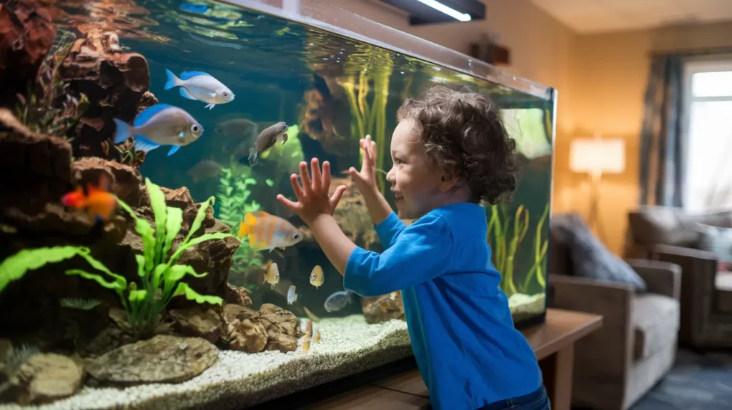 A curious child standing in front of a medium-sized home aquarium in a cozy living room 2