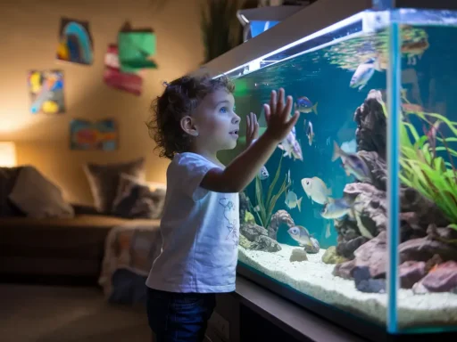 A curious child standing in front of a medium-sized home aquarium in a cozy living room