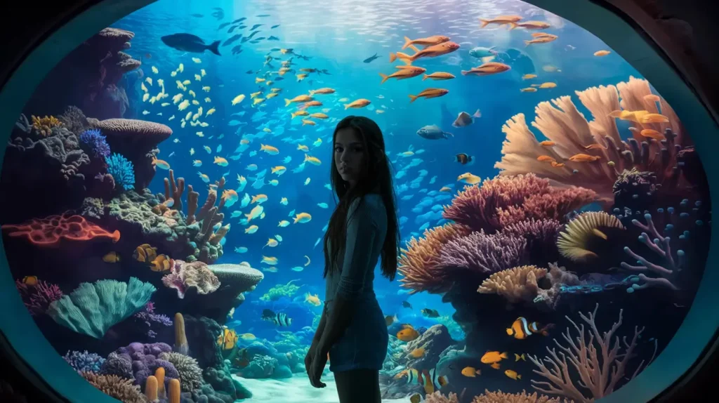 a women standing in front of a big aquarium