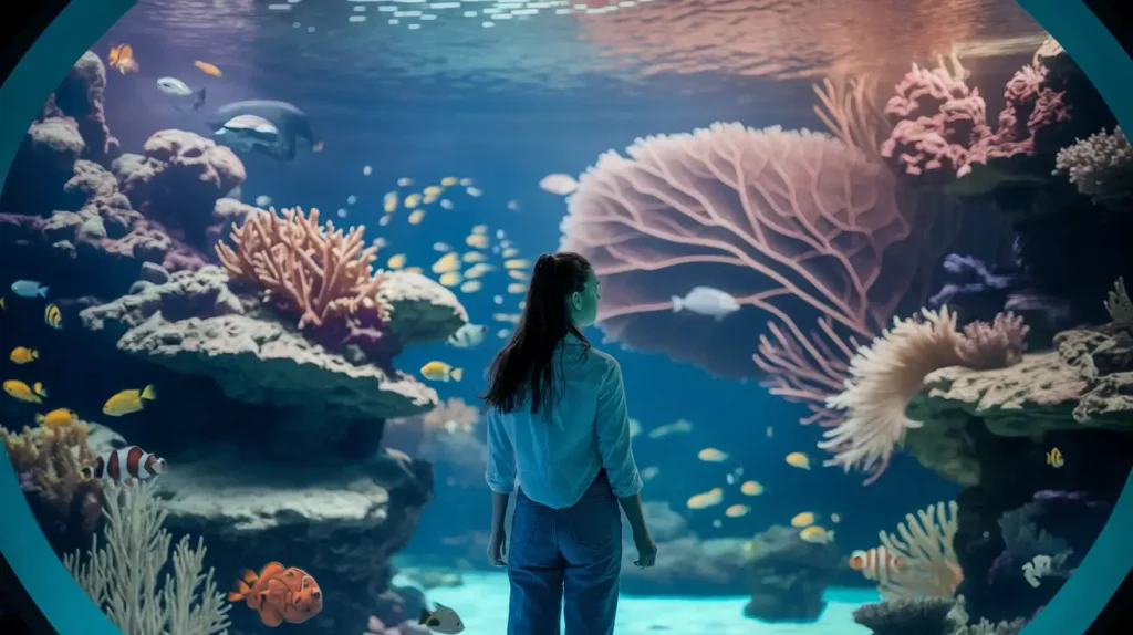 a women watching fish in an aquarium