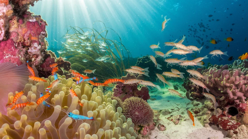 colony of colorful shrimp swiming in the coral reef